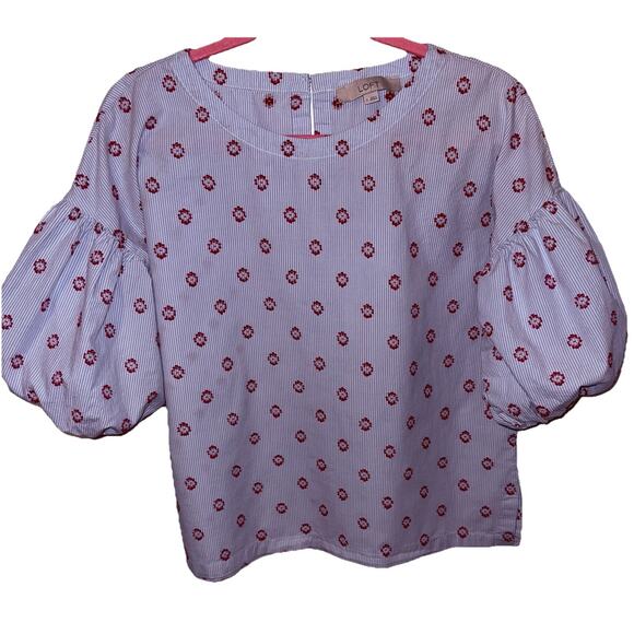 loft embroidered Poplin Blouse With Puff Sleeves Size Small - Picture 1 of 8